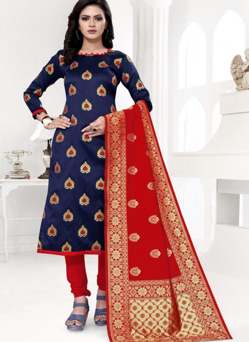 Blue Red Banarasi Silk Festival Wear Weaving Churidar Suit